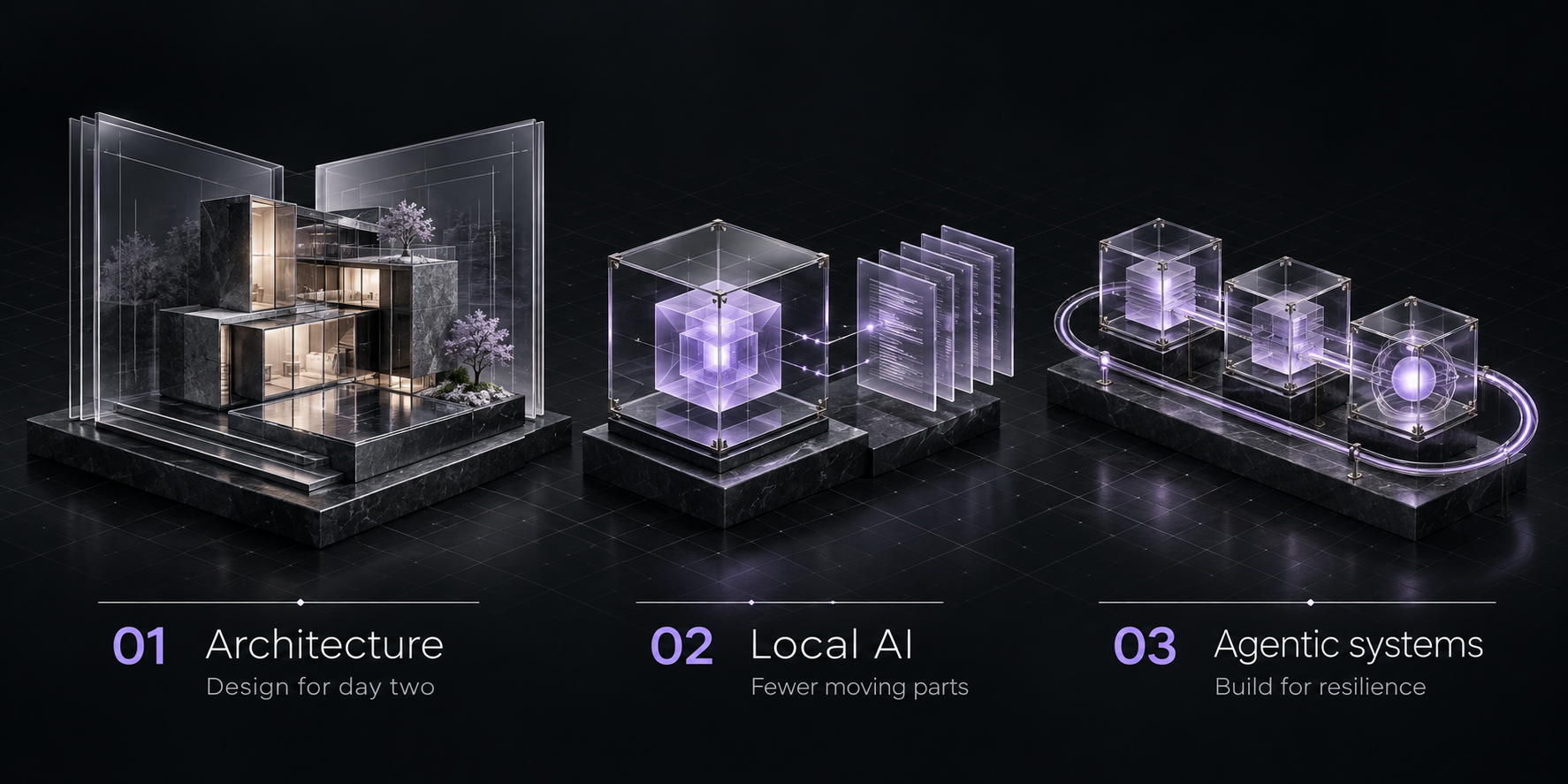 Three editorial themes: Architecture — design for day two; Local AI — fewer moving parts; Agentic systems — build for resilience. Illustrated as glass and stone architectural studies.
